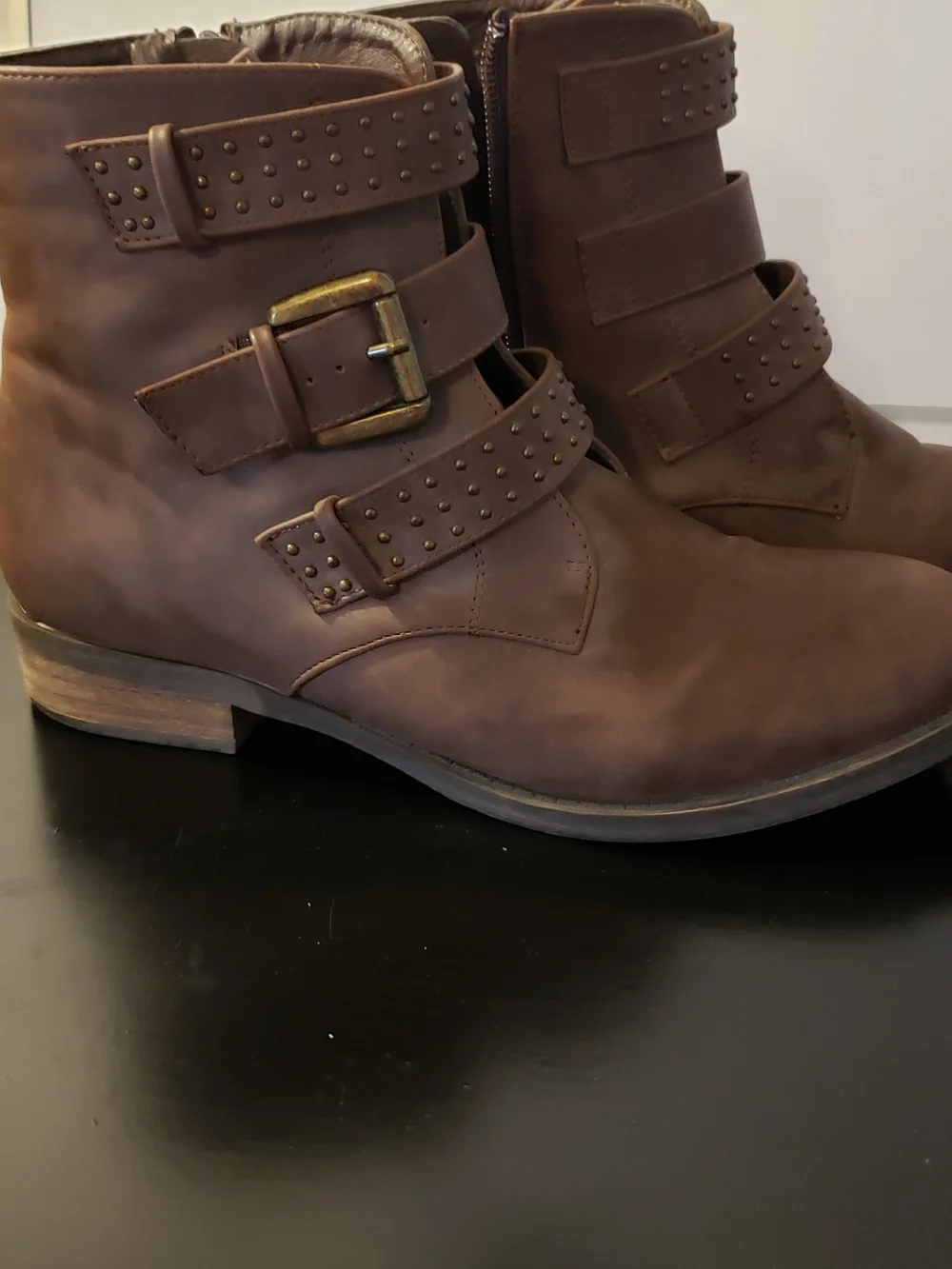 Diba Jarvis Studded   Brown Buckle Ankle Boots Moto Style